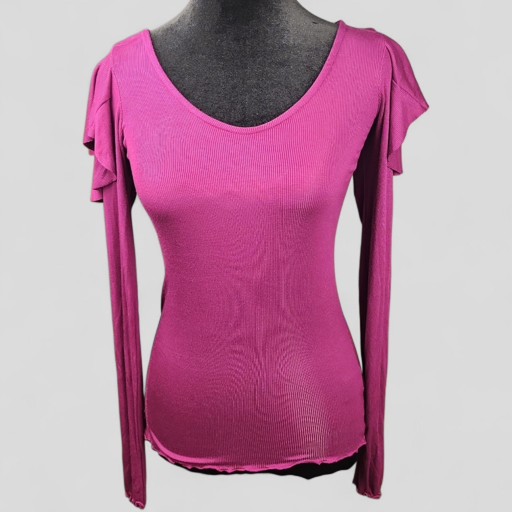 FREE PEOPLE | We‎ The Free Feminine Magenta Ribbed Ruffle Sleeve Blouse Top | XS - Picture 2 of 10
